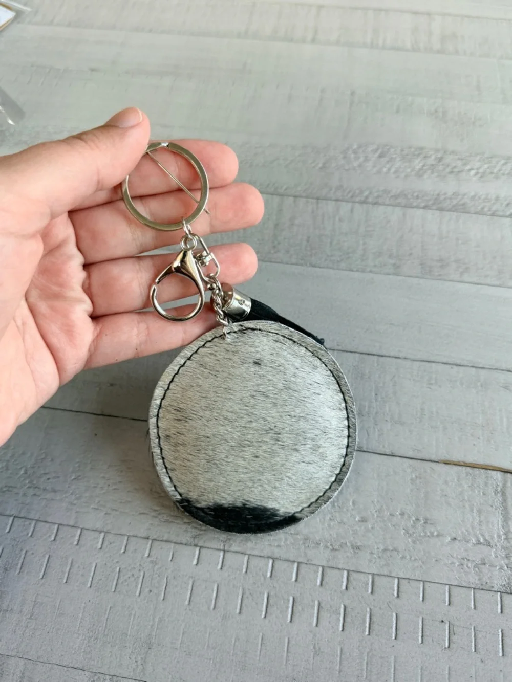 Western Round Cowhide Keychain with Black Tassel
